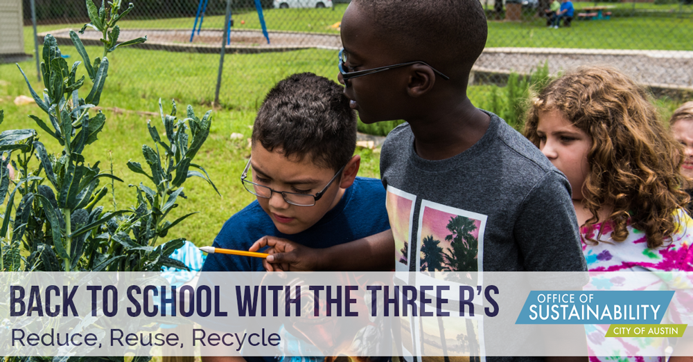 Text: Back to school with the three R's: Reduce, Reuse, Recycle