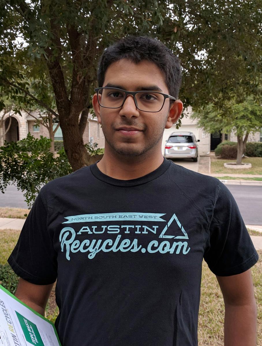 Sameer in an "Austin Recycles.com" t-shirt