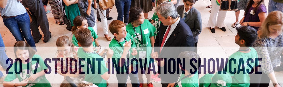 Background: Mayor Steve adler with students, Text: 2017 Student Innovation Showcase