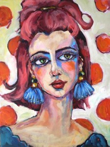 Painting of woman with red hair and large blue earrings